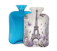 2L Hot Water Bottle with Cover, Purple Rose Butterfly Eiffel Tower Vintage Large Capacity Hot Water Bag for Hot Cold Compress, Hand Feet Warmer, Neck Shoulder Pain Relief
