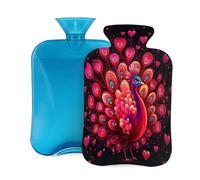 2L Hot Water Bottle with Cover, Red Peacock Heart-Shaped Feather Large Capacity Hot Water Bag for Hot Cold Compress, Hand Feet Warmer, Neck Shoulder Pain Relief