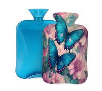 2L Hot Water Bottle with Cover, Turquoise Butterfly Pink Flower Large Capacity Hot Water Bag for Hot Cold Compress, Hand Feet Warmer, Neck Shoulder Pain Relief