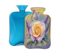 2L Hot Water Bottle with Cover, Yelloe Rose Purple Lavender Flowers Large Capacity Hot Water Bag for Hot Cold Compress, Hand Feet Warmer, Neck Shoulder Pain Relief