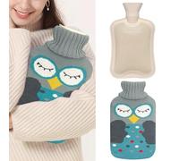 2L Rubber Hot Water Bottle with Cover - Cute Owl Cartoon Design (Blue) | Reusable Heat Pack for Menstrual Cramps, Muscle Pain Relief & Warmth Therapy