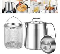 2L Stainless Steel Oil Filter Pot with Deep Fryer Basket - Kitchen Oil Strainer and Storage Container for Cooking Grease - 304 Stainless Steel Material
