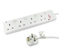 2m 4 Gang Surge Protected LED Indicator Individually Switched UK Mains Extension - White