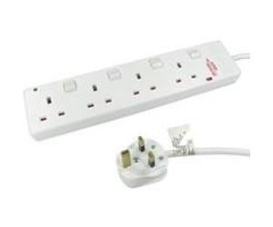 2m 4 Gang Surge Protected LED Indicator Individually Switched UK Mains Extension - White