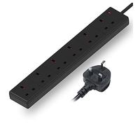 2M 6 Gang Socket Extension Lead UK Pin Plug and Cable Black Multi Socket Mains Strip