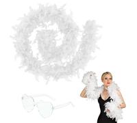 2m Boas Feather Boa White Feather Boa Feather Boas Feather Boa White White Boa Fluffy Turkey Feather Scarf (White) Suitable For Party, Carnival, Dance, Halloween, With White Sunglasses 1 Pair
