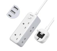 2M Extension Lead with 3 USB Slots, Mscien Shaver Plug Adaptor UK 2 Way with 13A Fuse, Extension Cable 2 Metre with Wall Mountable, Power Strip for Electric Toothbrush, Shaver (3250W)