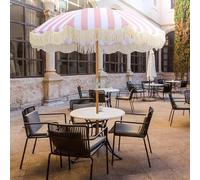2m Large Pink White Striped Parasol, Tiltable, Wooden Pole + Tassel Beach Umbrella + Sun Shade + Rainproof, Retro Tassel Garden Parasol Cafe Terrace Balcony Parasol Vintage Seaside Fold Umbrella