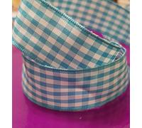 2m of Wire Wired Edged Edge Pretty Gingham Ribbon - Pink, Blue, Fawn, Aqua. Yellow etc 1" / 22mm wide Vintage, Wedding, Easter Presents (Aqua/Teal and White)