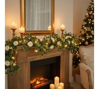 2M Olive Vine Garland with 100 Warm LED Fairy Lights, Battery Operated with Remote & 8 Modes Timer, Flexible Artificial Olive Leaf Garland for Mantel,Wedding, Christmas & Home Decor (White, 2m)