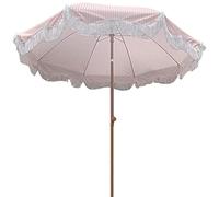 2m Pink White Striped Garden Patio Tiltable Round Parasol with Tassel, Portable Foldable Beach Umbrella for Outdoor/Balcony/Terrace/Pool