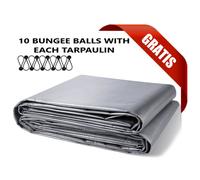 (2m x 4m) Heavy Duty Grey L-Grade Tarpaulin Cover with 10 Black Bungee Ball Tie Downs, 4-Inch Elastic Cord Fasteners for Outdoor Storage