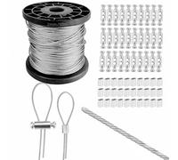 2mm Wire Rope Set 50m, 304 Stainless Steel Heavy Duty Wire Cable, Aircraft Heavy Duty Cable, 7x7 Strand Core, 290kg Breaking Strength with 50 Pcs Crimping Clamps Loop Sleeve