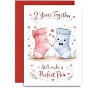 2nd Anniversary Card for Couple - Cute Pair of Cotton Socks Design - Cotton Anniversary Card - A5 Size Card with Red Envelope