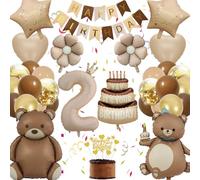 2nd Birthday Boy Decoration Party, Balloon Birthday 2 Years Brown Gold, Children's Birthday Decoration Bear Daisy Heart Cake Foil Balloon, Happy Birthday Banner Cake Decoration (Birthday Decoration 2