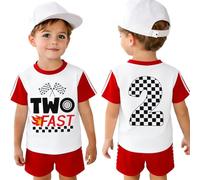 2nd Birthday Boys Baby Clothes Two Fast Racing Car Baby Summer Outfits Second Birthday Toddler Clothing Set Boy Two Piece Set Racing Flag Plaid Shirt + Shorts, red, 2 Jahre