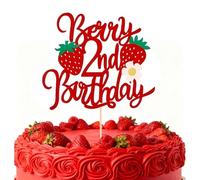 2nd Birthday Cake Topper, Cake Decorations, Birthday Decorations, VGRDTW Sweet Strawberry Theme "Berry2ndBirthday" Sign, Red Paper Card 14x12.5cm for 2nd Anniversary
