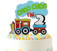2nd Birthday Cake Topper, Choo Choo I'm 2 train Theme Kids Birthday Glitter Party Decoration Supplies