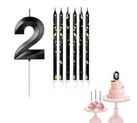 2nd Birthday Candle Black Number 2 Candle for Birthday Cake with Black Long Candles, Black 2 Candle for Cake Birthday Cake Topper Decorations for Girls Boys Birthday Wedding Anniversary Party