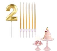 2nd Birthday Candle Gold Number 2 Candle for Birthday Cake with Gold Long Candles, Gold 2 Candle for Cake Birthday Cake Topper Decorations for Girls Boys Birthday Wedding Anniversary Party