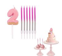 2nd Birthday Candles-Chocolate Pink Number Candle 2,with 6pcs Long Candles for Cake,Birthday Cake Candles Cake Topper Decorations for Boys Girls Men Women Birthday Wedding Anniversary