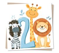2nd Birthday Card 2 for Boy, Him - Blue Safari Animals - Giraffe Lion Zebra