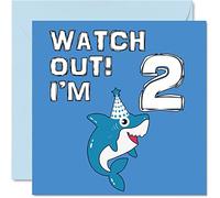 2nd Birthday Card Boy - Shark Watch Out - Happy Birthday Card 2 Year Old Boy, Boys Cards for Him, 145mm Greeting for Son Brother Grandson Nephew Cousin God Son
