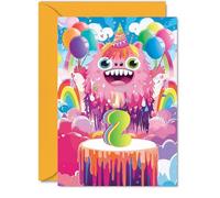 2nd Birthday Card Boys Girls - Little Monster Party - Happy Birthday Card for 2 Year Old Boy Girl Kids, 5x7 Inch Two Second Bday Cake Greeting Cards