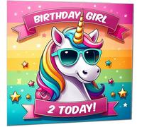 2nd Birthday Card Colourful Unicorn Kids Unicorn Girls Birthday Card for 2 Year old Kids two, second