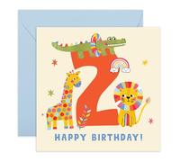 2nd Birthday Card - Cute Rainbow & Animals - Gifts for Baby Boy, Girl, Him, Her, Niece, Nephew, Grandson, Granddaughter, Godson, Goddaughter, Neighbour - Turning Two - Comes with Fun Stickers