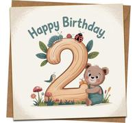 2nd Birthday Card for Boy or Girl - Cute Bear & Woodland Bugs Design, Age 2 Kids Toddler, Square 145mm x 145mm, Blank Inside, Includes Kraft Envelope