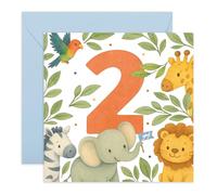 2nd Birthday Card for Boy or Girl - Cute Jungle Animals Design - Second Birthday Greeting Card for Baby Son, Daughter, Grandchild, Niece, Nephew - Age 2, Turning Two Surprises - Comes with Stickers