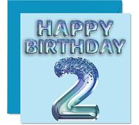2nd Birthday Card for Boys - Blue Glitter Party Balloon - Happy Birthday Cards for 2 Year Old Boy Grandson Son Brother Nephew, 145mm Bday Greeting Cards Gift