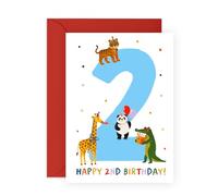 2nd Birthday Card for Boys or Girls - Cute Animals - Second Birthday Greeting for Son, Daughter, Grandchild, Niece, Nephew, Him, Her. Kids, Children - Age 2 - Comes with Fun Stickers