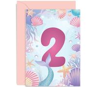 2nd Birthday Card for Girl - Daughter Birthday Card Age Two - Milestone Baby Greeting Cards 2 Year Old - Mermaid Shells Coral Birthday Card for Kids - Under Sea Second Bday