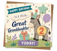 2nd Birthday Card for Girl, Party Donkey, Balloons & Present | Cheerful 2nd birthday design for a Girl with a smiling party-hat donkey, confetti shapes, balloons and a wrapped gift.