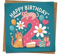 2nd Birthday Card for Girls Boys - Cute Cats, Balloons & Gifts Design - Two Today Happy Birthday - 145mm x 145mm Square Greeting Card with Kraft Envelope
