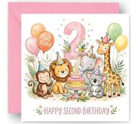 2nd Birthday Card for Girls - Two Today - 2 Years Old - Farm Animal Design - Happy Second Birthday Greeting Card for Granddaughter Niece Daughter - Includes Pink Envelope - 14cm