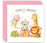 2nd Birthday Card for Girls - Two Today - 2 Years Old - Farm Animal Design - Happy Second Birthday Greeting Card for Granddaughter Niece Daughter - Includes Pink Envelope - 14cm