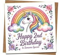 2nd Birthday Card for Girls - Unicorn Rainbow - Happy 2nd Birthday to Someone Special - 145mm x 145mm Square Greeting Card with Kraft Envelope