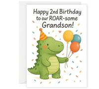 2nd Birthday Card for Grandson - Cute Dinosaur Design - Happy 2nd Birthday to our ROAR-some Grandson - Kids Birthday Card from Grandparents - Age 2 Boys Card