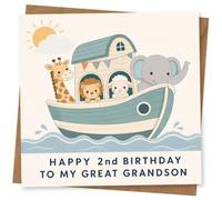 2nd Birthday Card for Great Grandson, Cute Design | Blank inside for your own message; premium 360gsm card with matching envelope, designed and printed in the UK