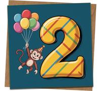 2nd Birthday Card for Kids - Monkey with Balloons & Big Number 2 - Square 145mm x 145mm - Kraft Envelope Included - For Boy Girl Son Daughter Grandson Granddaughter