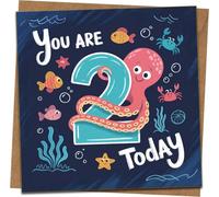 2nd Birthday Card for Kids - You Are 2 Today Octopus Under the Sea - 145mm x 145mm Square - Boy or Girl, Son, Daughter, Grandson, Granddaughter - Kraft Envelope Included