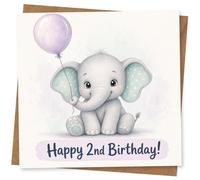 2nd Birthday Card for Little One, Cute Baby Elephant with Balloon, Happy 2nd Birthday Greeting Card