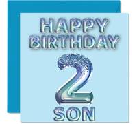 2nd Birthday Card for Son - Blue Glitter Party Balloons - Happy Birthday Cards for 2 Year Old Son from Mum Dad Parents, 145mm Bday Greeting Cards Gift