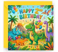 2nd Birthday Card Gift for Boys - Two Today - 2 Years Old - Cute Dinosaur Design - Happy Second Birthday Greeting Card for Grandson Nephew Son or Boys - Includes Blue Envelope - 14cm