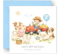2nd Birthday Card Gift for Boys - Two Today - 2 Years Old - Tractor Farm Animals Design - Happy Second Birthday Greeting Card for Son Grandson Nephew Toddler - Includes Blue Envelope - 14cm