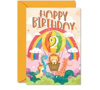 2nd Birthday Card Girls Boys - Hot Air Balloon Rainbow - Happy Birthday Card for 2 Year Old Girl Boy Kids, 5x7 Inch Two Second Bday Animal Greeting Cards