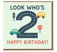 2nd Birthday Card - Look Who's 2 Road and Cars Design with Traffic Light - Cute Kids Birthday Card for Age 2